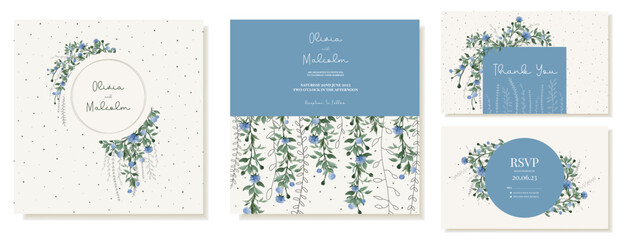 Vector set of square wedding invitation and thank you card templates in rustic style with watercolor hanging vines with blue flowers.
