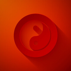 Paper cut Yin Yang symbol of harmony and balance icon isolated on red background. Paper art style. Vector