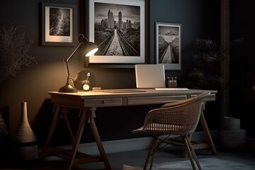 Winter evening home office with frame mockup, digitally created. Generative AI