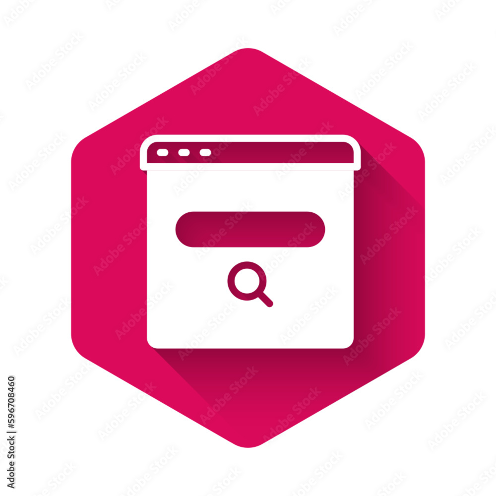 Poster white search engine icon isolated with long shadow background. pink hexagon button. vector