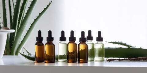 A row of aloe vera plants and bottles of infused oils, displayed against a serene, monochromatic background, concept of Natural remedies, created with Generative AI technology