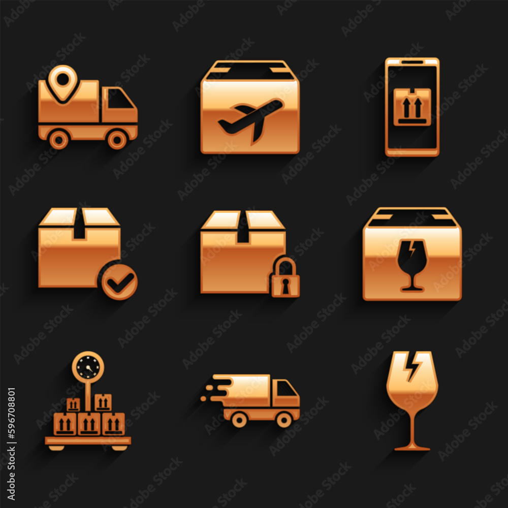 Poster set locked package, delivery truck in movement, fragile broken glass, box with fragile content, scal