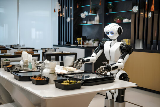 Robot cleaning the food from the table in the restaurant. Futuristic concept. Generated AI