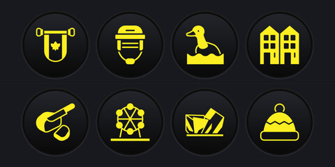 Set Peameal bacon, House, Ferris wheel, Royal Ontario museum, Flying duck, Hockey helmet, Beanie hat and Pennant Canada icon. Vector