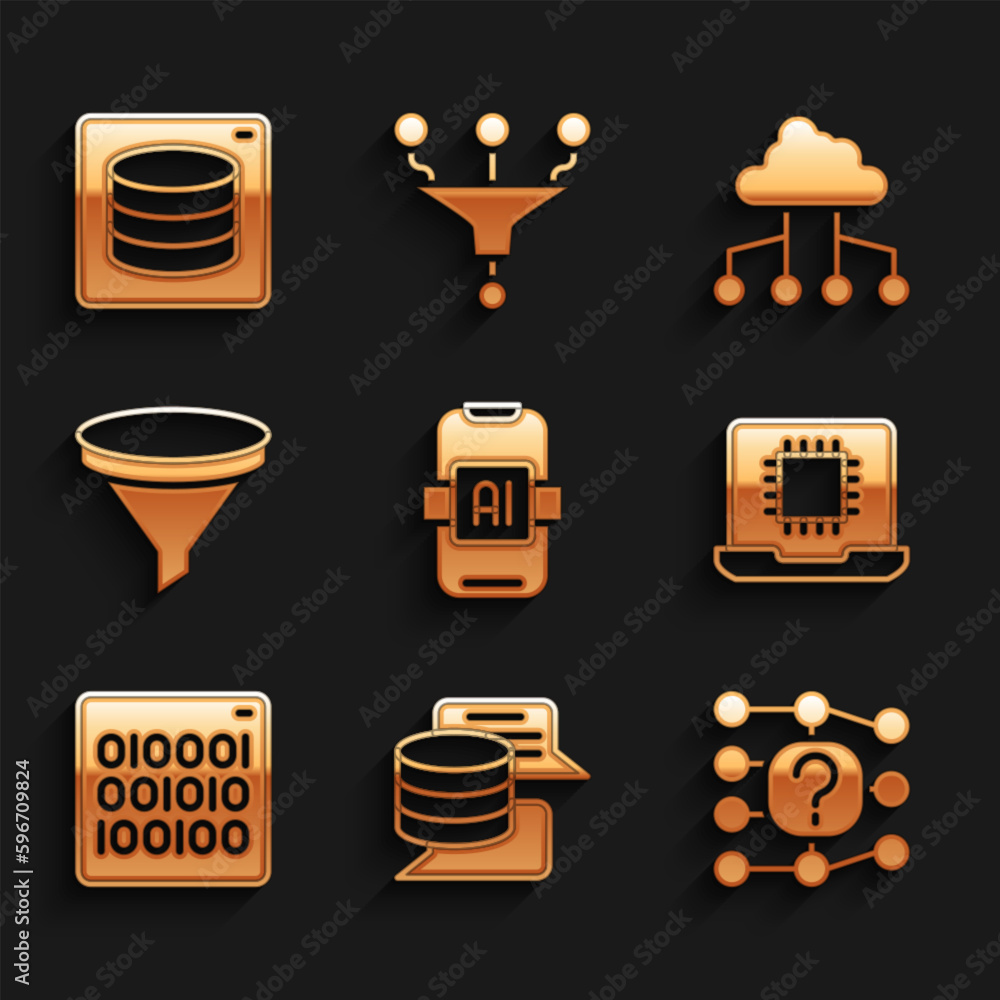Poster set artificial intelligence ai, server, data, neural network, processor cpu, binary code, funnel fil