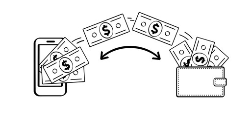 Mobile phone wallet. Sending and receiving money, payments. Cartoon bundle, paper money. Dollar, money notes or money bill. Bills for cash and currency. successful transaction, transfer concept