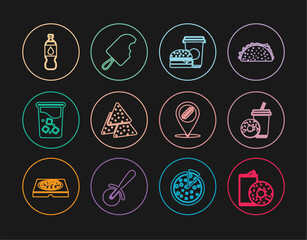 Set line Aluminum can soda and donut, Soda drink with, Coffee burger, Nachos, Glass water, Bottle, Location hotdog and Ice cream icon. Vector