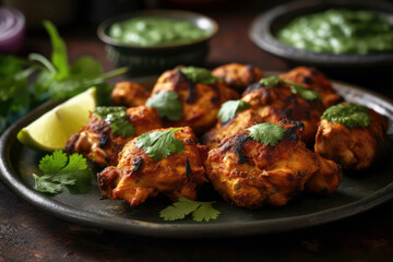 Fototapeta premium Hot And Spicy Chicken Tikka With Mint Chutney. Generative AI