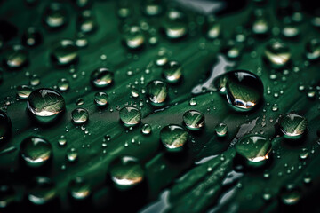 Macro Photo Of Water Drops On Green Surface, In The Style Of Natural Photography, Organic Shapes, And Detailed Textures. Generative AI