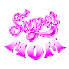 Hand lettering quote - Super Mom. Hand drawn 3D textured modern script. Trendy luxury calligraphic typographic element. Decorative shiny golden retro style lettering.