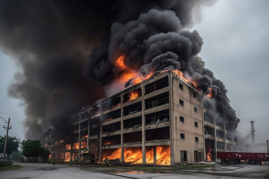 Large Factory Building With Flames And Smoke. Generative AI