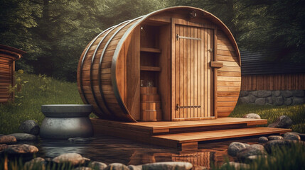 huge barrel sauna with small water pool outside - Generative AI
