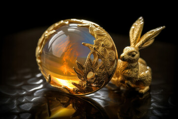 jewelry easter bunny and egg. opal and gold. Generative AI