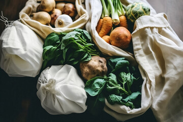 Zero waste, plastic free recycled textile produce bag for carrying vegetables. Sustainability, eco-friendly. AI Generative