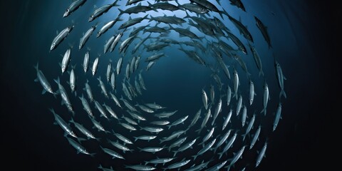 A school of fish swimming in a mesmerizing spiral formation against a contrasting background, concept of Natural harmony, created with Generative AI technology