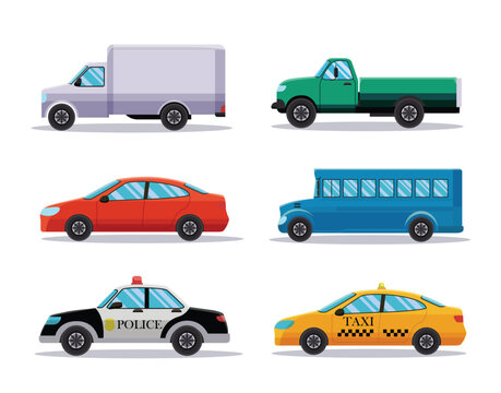 set of car vehicles transport in flat style vector illustration