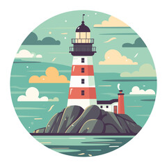Image of a lighthouse on a mountain and ocean view. Vector illustration.