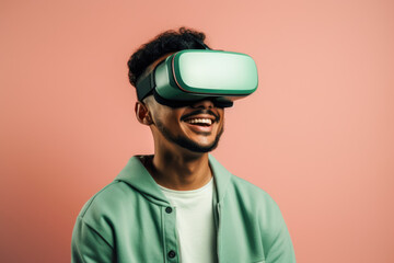 Generative AI image of a young black male styled man in VR glasses experiencing the world in virtual reality while standing against a pink background