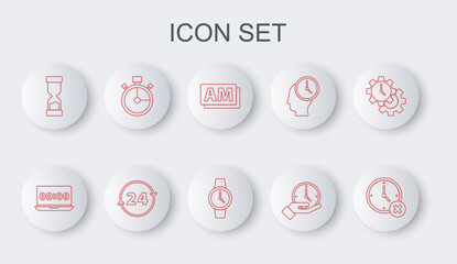 Set line Clock delete, on laptop, AM, Old hourglass, Stopwatch, 24 hours and Wrist icon. Vector