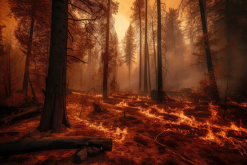 Vast Forest Engulfed In Flames. Generative AI