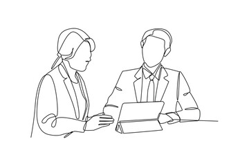 Continuous one line drawing Clerks Providing Service to Customers. Banking concept. Single line draw design vector graphic illustration.