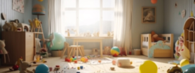 Blur background of childrens room with kid toys. Product display banner presentation