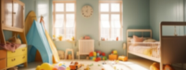 Blur background of childrens room with kid toys. Product display banner presentation