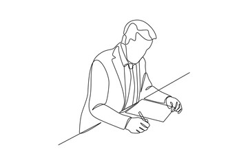 Obraz na płótnie Canvas Continuous one line drawing clerk bank makes note . Banking concept. Single line draw design vector graphic illustration.