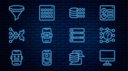 Set line Computer monitor, Neural network, Binary code, Artificial intelligence AI, Funnel filter, Server, Data and icon. Vector