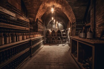 Interior of a wine cellar. Generative AI