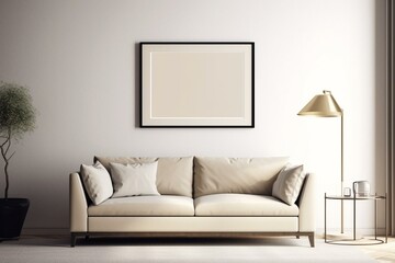 Blank frame on cream wall in contemporary living room. Interior mockup. Generative AI