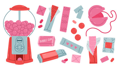 Bubble gum set. Isolated pink bubble gum in foil packages. Pads, balls and roll of red, pink and purple colors.