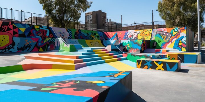 A skate park adorned with vibrant murals, fusing urban sports and street art in a dynamic public space, concept of Community engagement, created with Generative AI technology