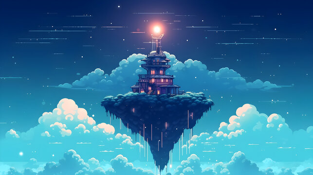 mall hut standing on poles high above a sea of clouds, stars visible in the top, distant planet, pixel art style, cinematic, artistic, creative, landscape with clouds and moon, Generative AI