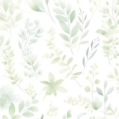 Delicate watercolor botanical digital paper floral background in soft basic pastel green tones. Neutral elegant pattern on white paper. Created with Generative AI.