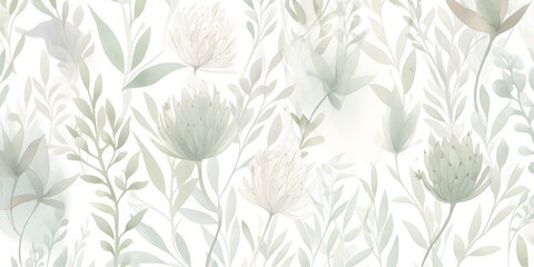 Delicate watercolor botanical digital paper floral background in soft basic pastel green tones. Neutral elegant pattern on white paper. For wallpapers, postcards, greeting cards, wrappers.