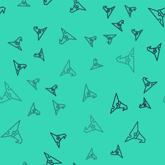 Black line Witch hat icon isolated seamless pattern on green background. Happy Halloween party. Vector