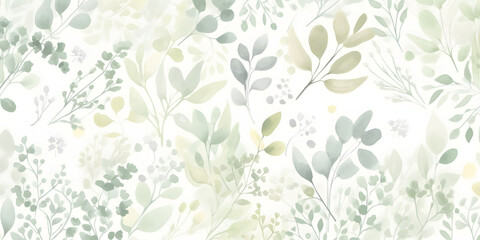 Delicate watercolor botanical digital paper floral background in soft basic pastel green tones. Created with Generative AI.