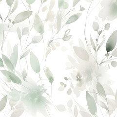 Delicate watercolor botanical digital paper floral background in soft basic pastel green tones. Neutral elegant pattern on white paper.