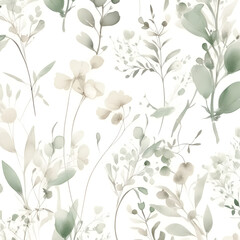 Delicate watercolor botanical digital paper floral background in soft basic pastel green tones. Neutral elegant pattern of green watercolor leaves on white paper.