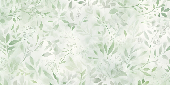 Delicate watercolor botanical digital paper floral background in soft basic pastel green tones. Neutral elegant pattern of green watercolor leaves.