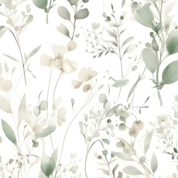 Delicate watercolor botanical digital paper floral background in soft basic pastel green tones. Neutral elegant pattern of green watercolor leaves on white paper.