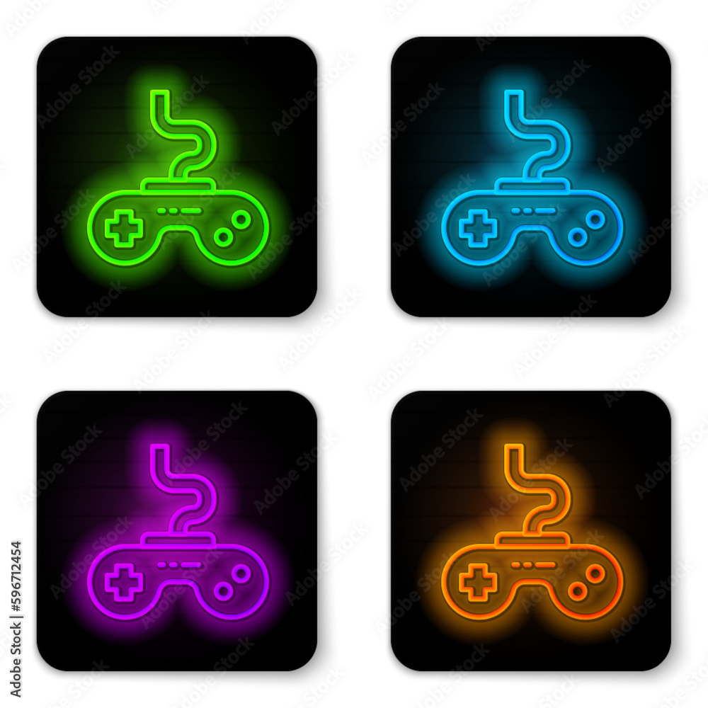 Poster glowing neon line gamepad icon isolated on white background. game controller. black square button. v