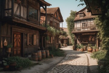A picturesque town featuring wooden buildings and a quaint street frame. Generative AI