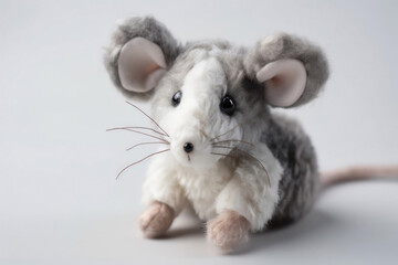 White And Gray Mouse Plush Toy On White Background, In The Style Of Gentle And Cute Designs. Generative AI