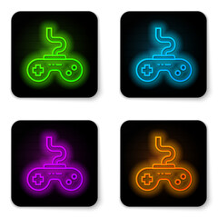 Glowing neon line Gamepad icon isolated on white background. Game controller. Black square button. Vector