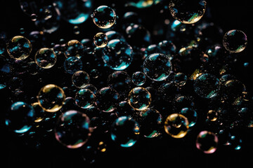 Glittery Bubbles On Black Background. Generative AI