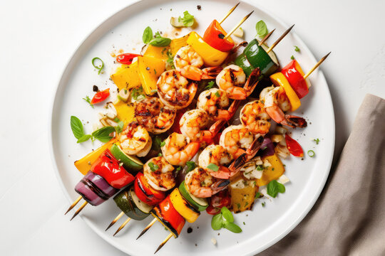 Grilled Shrimp And Vegetable Skewers On White Background, In White Plate, View From Above, Shot Overhead. Generative AI