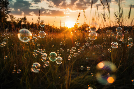 Bubbles On Grassy Field At Sunset. Generative AI