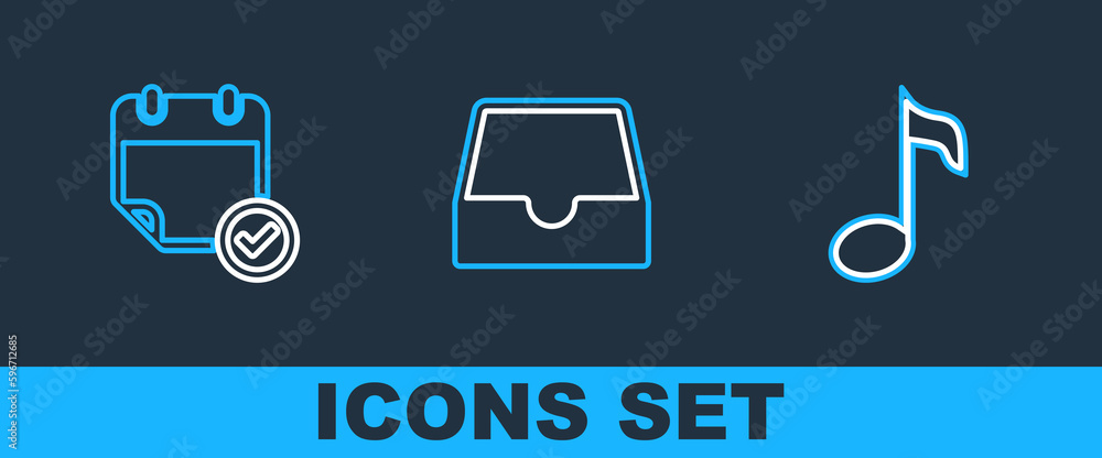 Poster set line music note, tone, calendar with check mark and social media inbox icon. vector